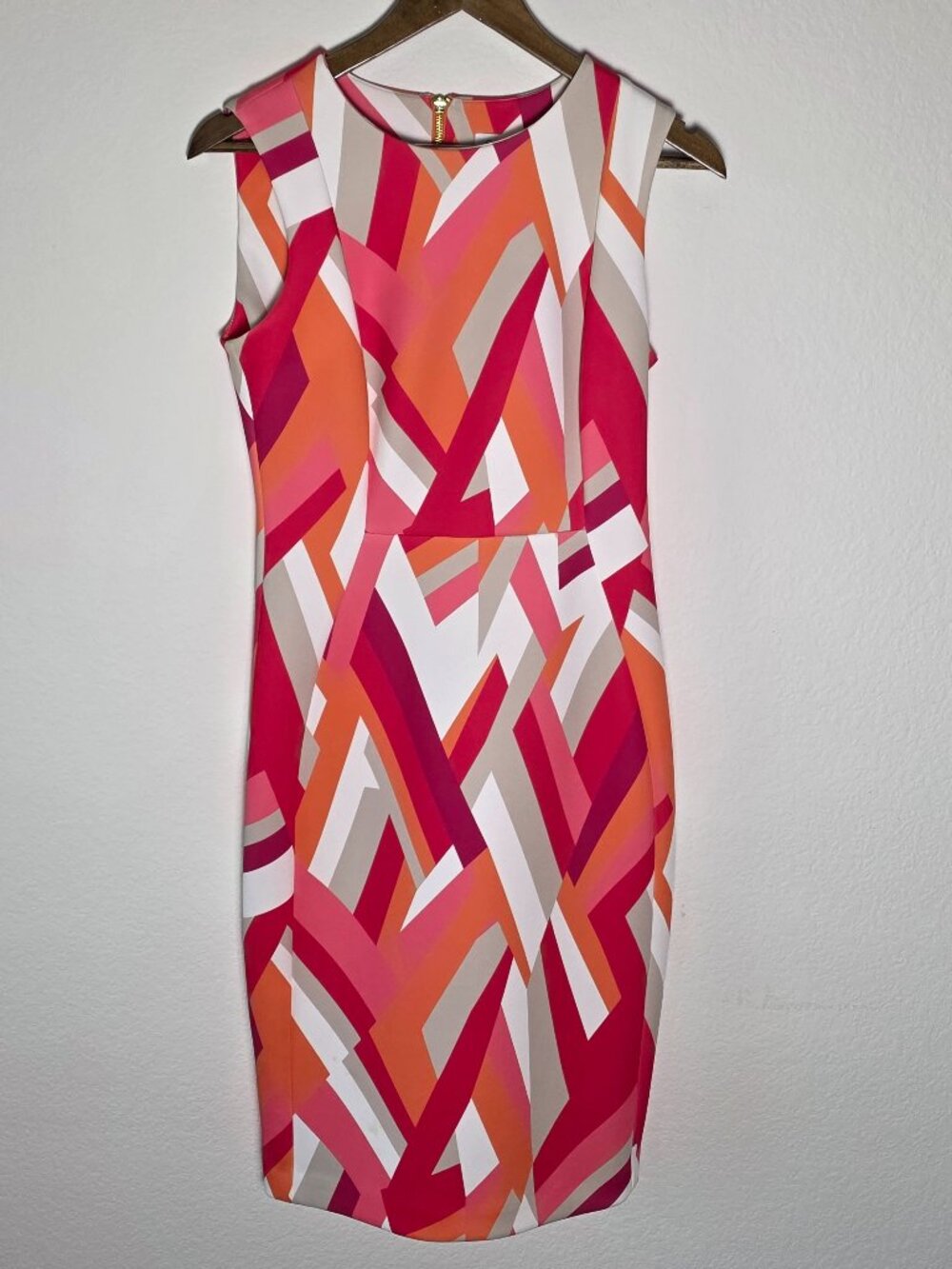 Calvin Klein Geometric Sheath Dress Pink Orange Sleeveless Size 6